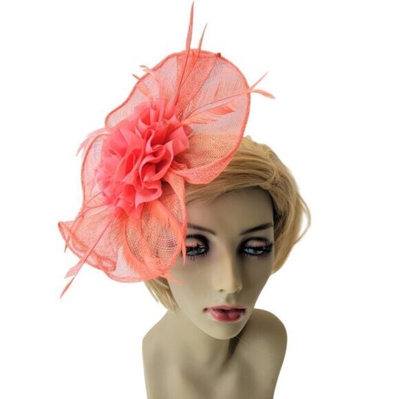 Coral Pink Fascinator Floral Rosette and Coral Feathers - Picture 1 of 10